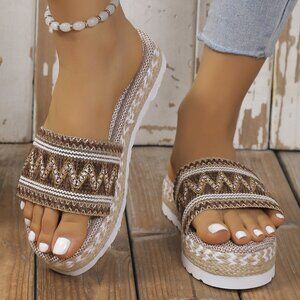 Geometric Weave Platform Sandals in Camel